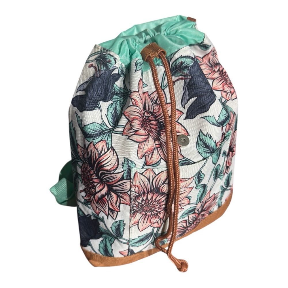Floral Small Backpack with Tan Accents- Drawstring and Magnetic Closures - Picture 2 of 6
